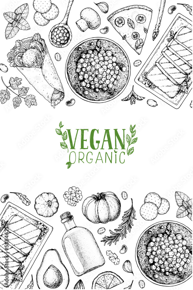 Vegan food frame. Hand drawn vector illustration. Menu design template ...
