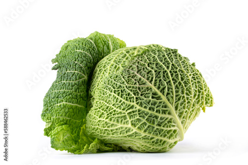 A grown head of Savoy cabbage on a white background
