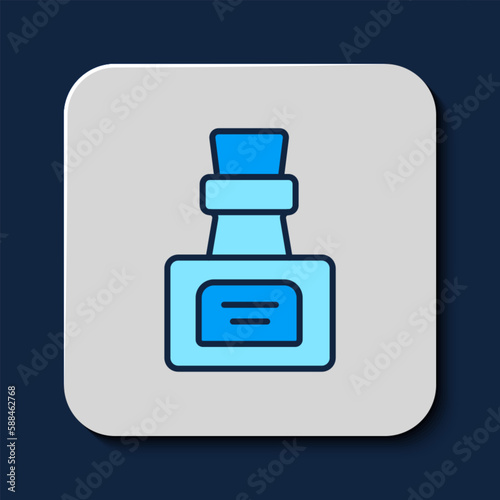 Filled outline Bottle with potion icon isolated on blue background. Flask with magic potion. Happy Halloween party. Vector