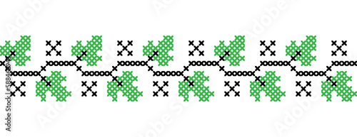 Ukrainian traditional green leaves pattern. Vector ornament, border, pattern. Folk, ethnic green leaves embroidery. Pixel art, vyshyvanka, cross stitch