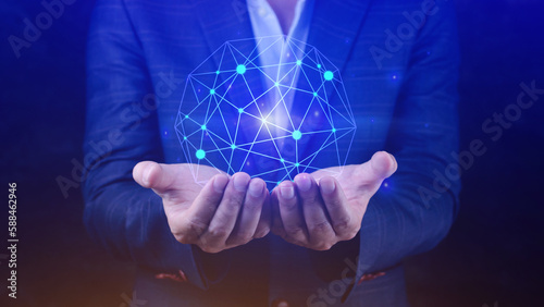 Businessman hands holding with virtual global connection concept  grow earth and global online networking connection with data exchanges  global communication network security concept.