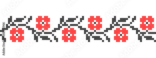 Ukrainian simple floral pattern in red and black colors. Vector ornament, border, pattern. Ukrainian folk, ethnic floral embroidery. Pixel art, vyshyvanka, cross stitch