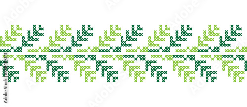 Ukrainian traditional green leaves pattern. Vector ornament, border, pattern. Folk, ethnic green leaves embroidery. Pixel art, vyshyvanka, cross stitch
