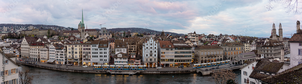 Panoramic Twilight View of Zurich from Lindenhof Hill