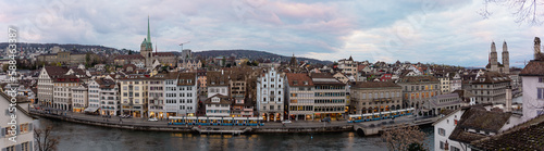 Panoramic Twilight View of Zurich from Lindenhof Hill