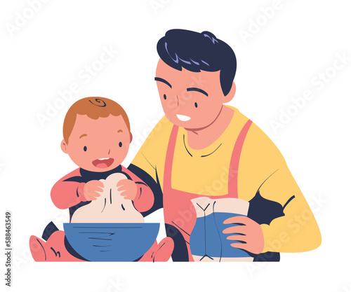 Dad with Toddler Cooking at Home Making Dough in Bowl Standing at Table Vector Illustration