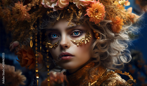A young fairy girl with an electrifying look in a gold wrath. Generative ai.