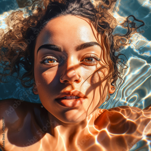 beautiful model  girl , in the swimming pool enjoying the summer and the sun, generative ai illustration