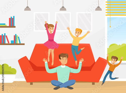 Tired Man Dad Sitting in Yoga Pose with Naughty Children Jumping on Sofa Vector Illustration