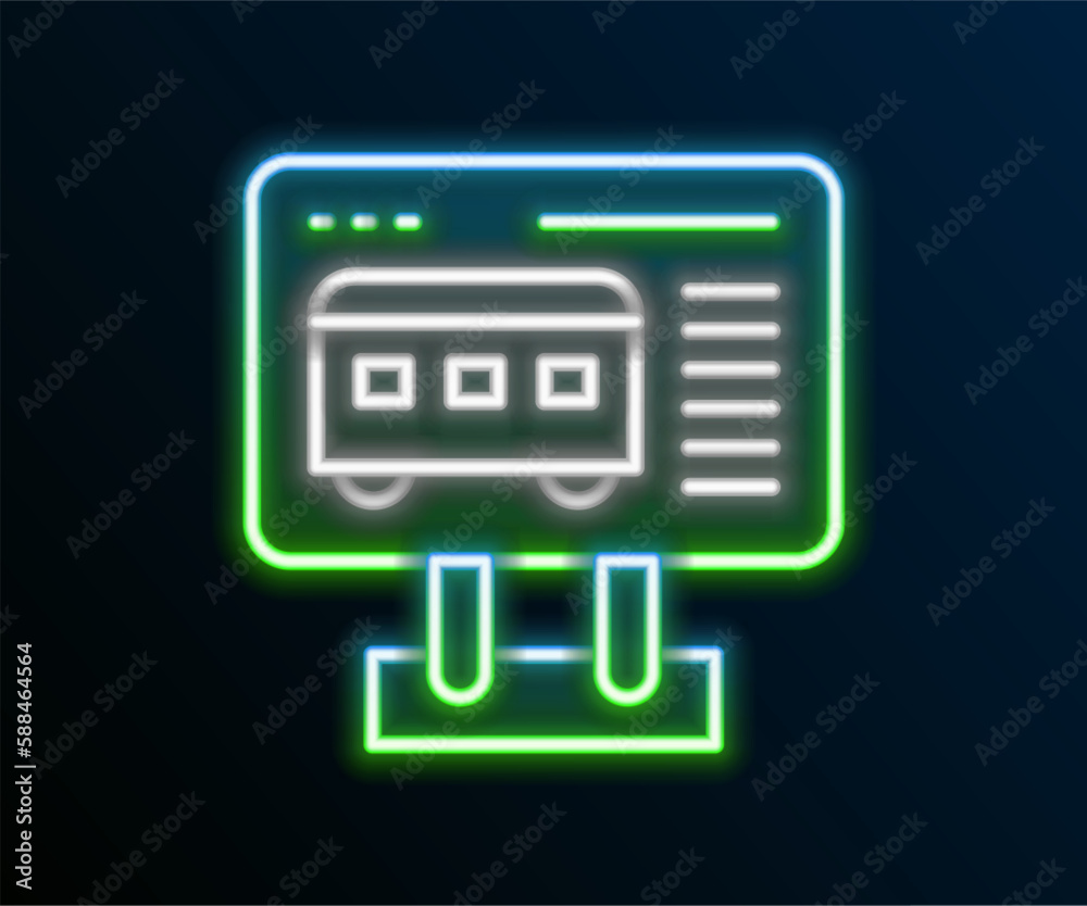 Glowing neon line Ticket office to buy tickets for train or plane icon isolated on black background. Buying tickets. Ticket service. Colorful outline concept. Vector Glowing neon line Ticket office to buy tickets for train or plane icon isolated on black background. Buying tickets. Ticket service. Colorful outline concept. Vector