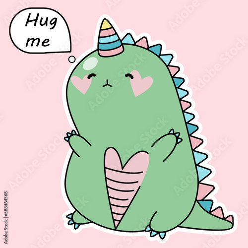 DinoCorn,dinosaur unicorn.Cute cartoon dragon.Dinosaur unicorn sticker HUG ME.Unicorn or dinosaur hand drawn vector photo