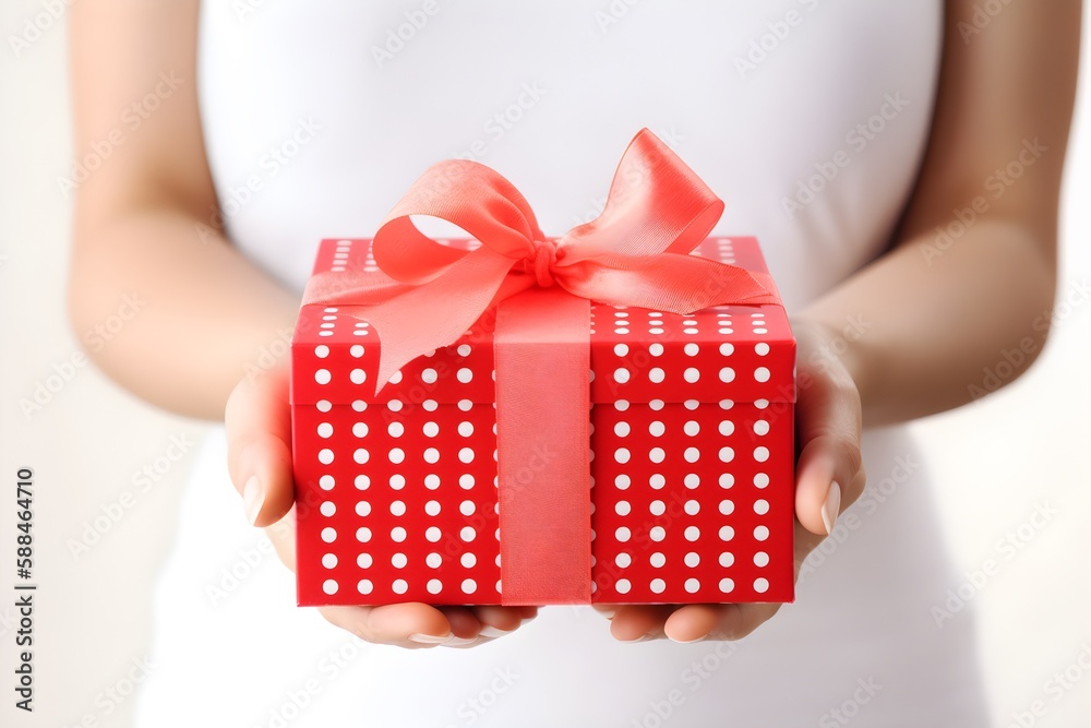 Woman in white dress is holding in her hands bright red gift box with a bow, close up view. Generative AI. Woman in white dress is holding in her hands bright red gift box with a bow, close up view. Generative AI.
