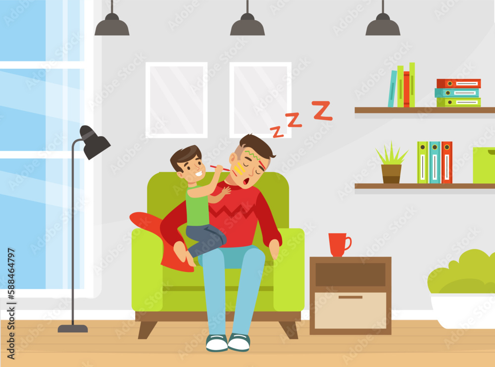 Tired Man Dad Sleeping in Armchair with His Son Drawing with Felt Pen on His Face Vector Illustration