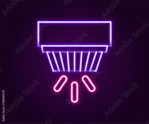 Glowing neon line Smoke alarm system icon isolated on black background. Smoke detector. Colorful outline concept. Vector