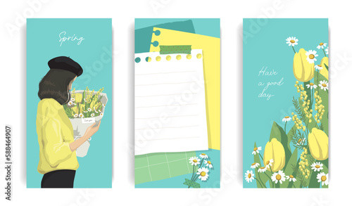 Design for social media. Set of spring stories templates. Mockup for personal blog. Scrapbook composition with notes paper, tapes, flowers elements and photo frame.