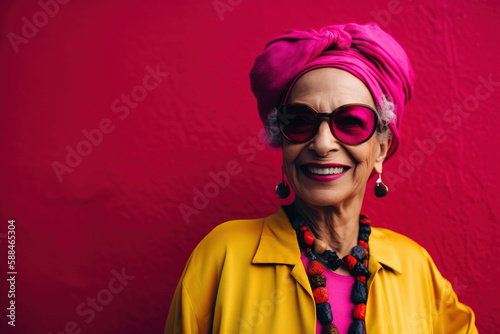  A fictional person. Stylish Senior Woman Exuding Confidence on Neon Background