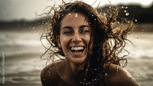Joyful Liberation: A Woman with Brown Hair Leaps from the Sea, Her Hair Aflutter with Droplets, Her Laughter Echoing - Generative AI