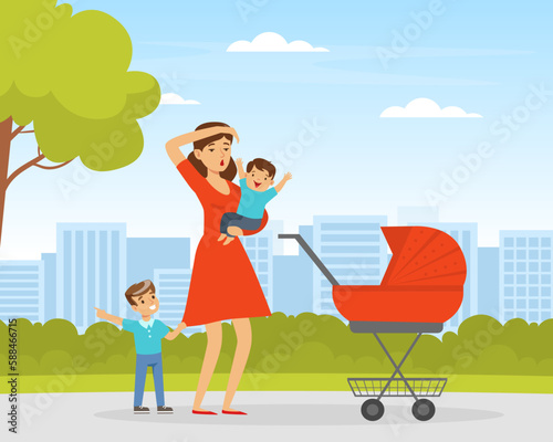Tired Woman Mother Walking in the Park with Little Children and Baby Carriage Vector Illustration