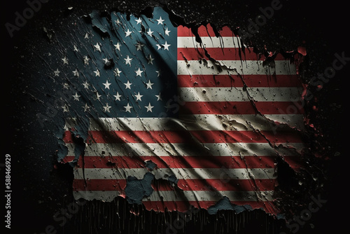 American or the united states flag ripped destroyed or broken. Usa flag war disaster or decline concept. Patriotic american or patriotism being attacked destruction or collapse concept. Ai generated