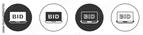 Black Online auction icon isolated on white background. Bid sign. Auction bidding. Sale and buyers. Circle button. Vector