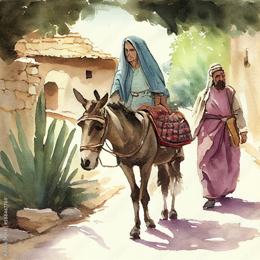 Maria riding on the donkey through Bethlehem, Joseph walking, bible