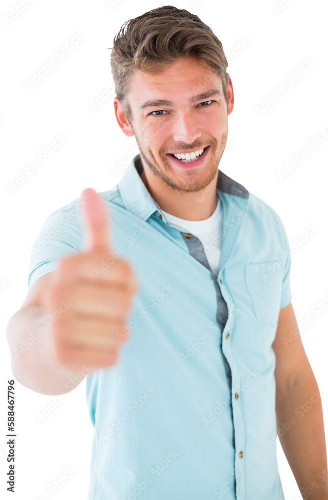 Handsome young man showing thumbs up to camera Handsome young man showing thumbs up to camera