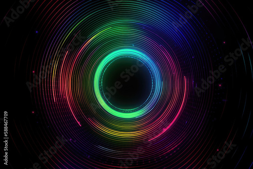 Neon Futurism: Modern Drawing of Vibrant Circles on Black Background for Trendy Stock Photos