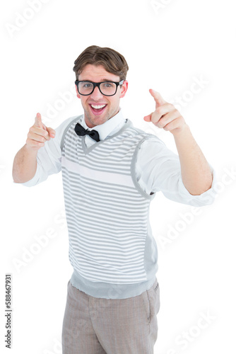 Geeky hipster in sweater vest dancing