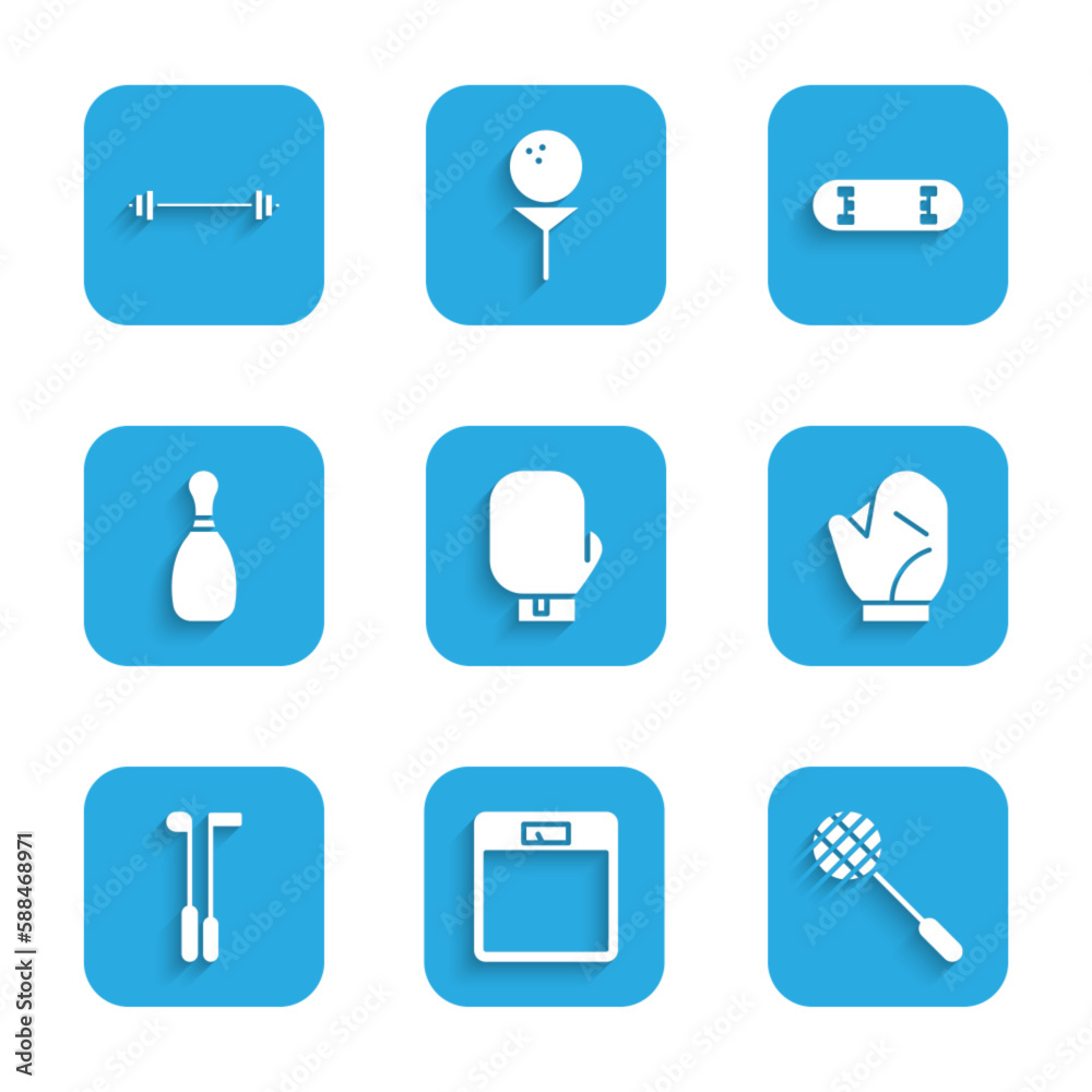 Set Boxing glove, Bathroom scales, Tennis racket, Baseball, Golf club, Bowling pin, Skateboard trick and Barbell icon. Vector Set Boxing glove, Bathroom scales, Tennis racket, Baseball, Golf club, Bowling pin, Skateboard trick and Barbell icon. Vector