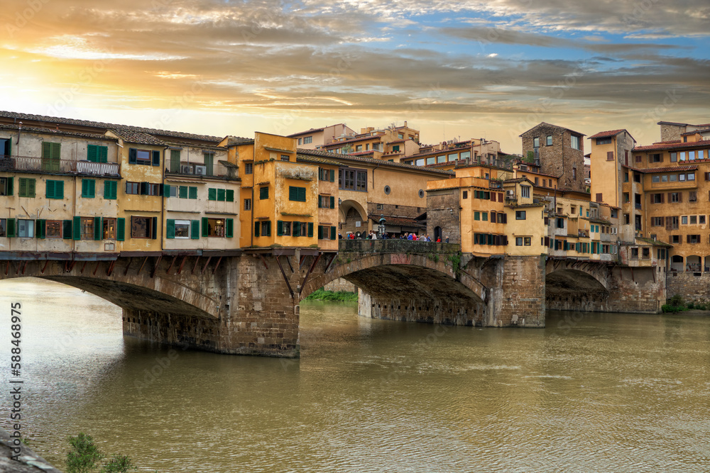 Ponte Vecchio Bridge with a Corridoio Vasariano on the Arno River in Florence, Tuscany, Italy