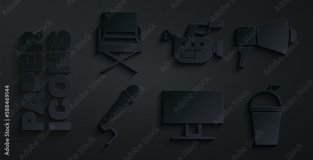 Set Smart Tv, Megaphone, Microphone, Paper glass with straw, Cinema camera and Director movie chair icon. Vector Set Smart Tv, Megaphone, Microphone, Paper glass with straw, Cinema camera and Director movie chair icon. Vector