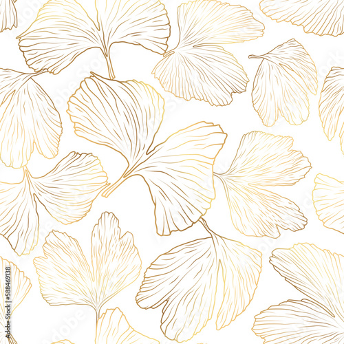 Golden Ginkgo Biloba leaves background. Luxury floral art line. Gold leaves natural pattern.