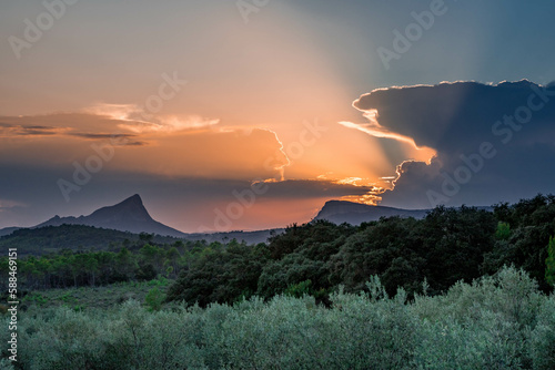 Sunset over the Pic Saint-Loup and the Hortus cliff near Montpellier in the south of France