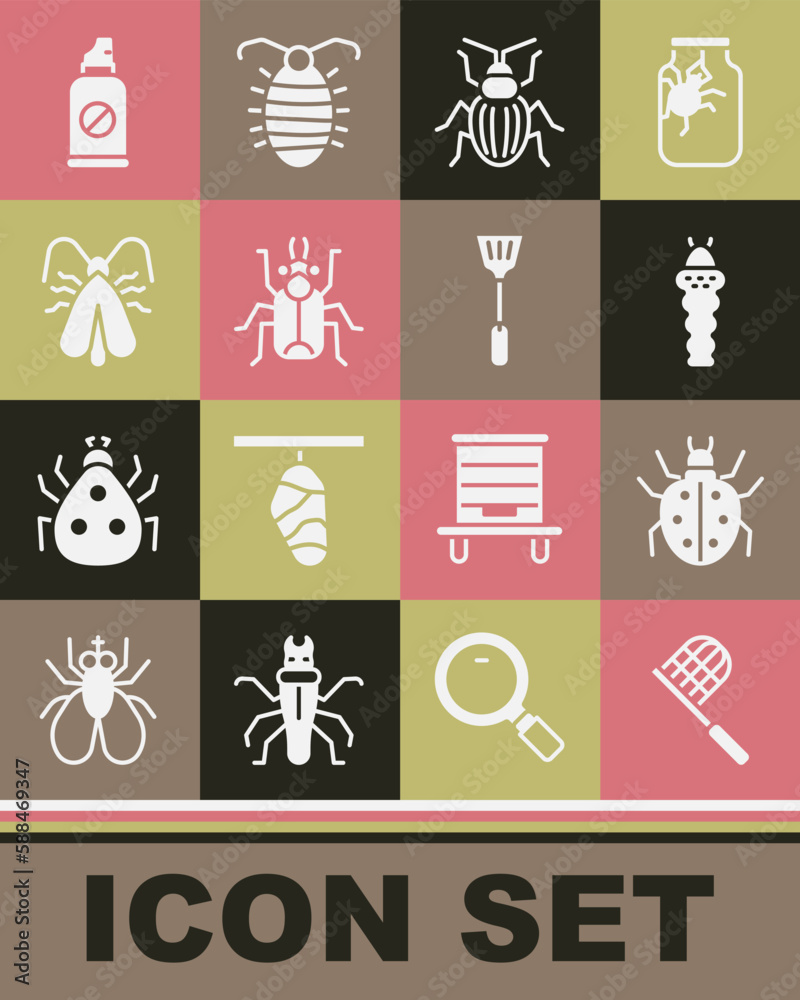 Set Butterfly net, Mite, Larva insect, Chafer beetle, Beetle bug, Clothes moth, Spray against insects and Fly swatter icon. Vector