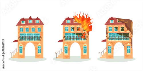 A destroyed building after a fire or an earthquake. Ruined city buildings after the war. Damaged city with old broken dilapidated housing. Vector illustration isolated on white background.