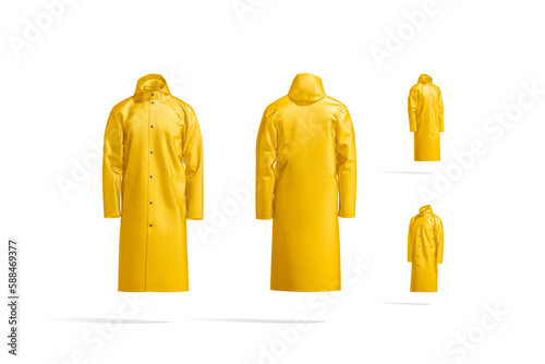 Blank yellow protective raincoat mockup, different views photo