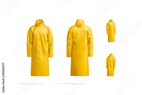 Blank yellow protective raincoat mockup, different views