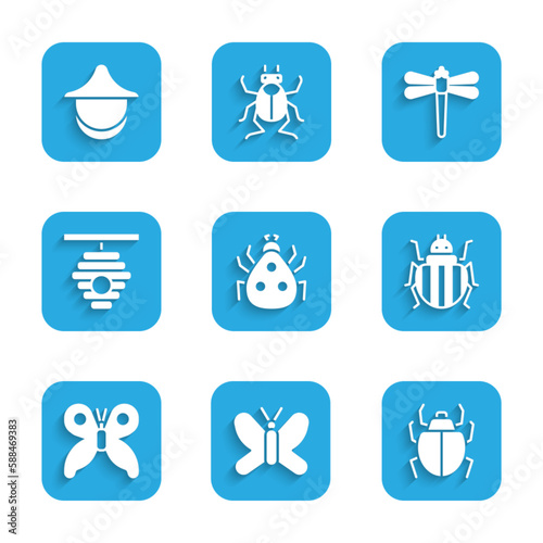 Set Ladybug, Butterfly, Mite, Colorado beetle, Hive for bees, Dragonfly and Beekeeper hat icon. Vector © Kostiantyn