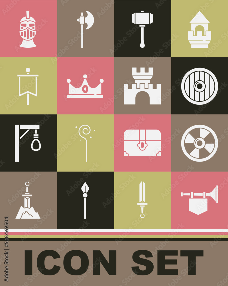 Set Trumpet with flag, Round wooden shield, Hammer, King crown, Medieval, iron helmet and Castle, fortress icon. Vector Set Trumpet with flag, Round wooden shield, Hammer, King crown, Medieval, iron helmet and Castle, fortress icon. Vector