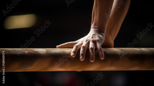 Gymnast performing a handstand on a balance beam, with a close-up of their hands gripping the beam