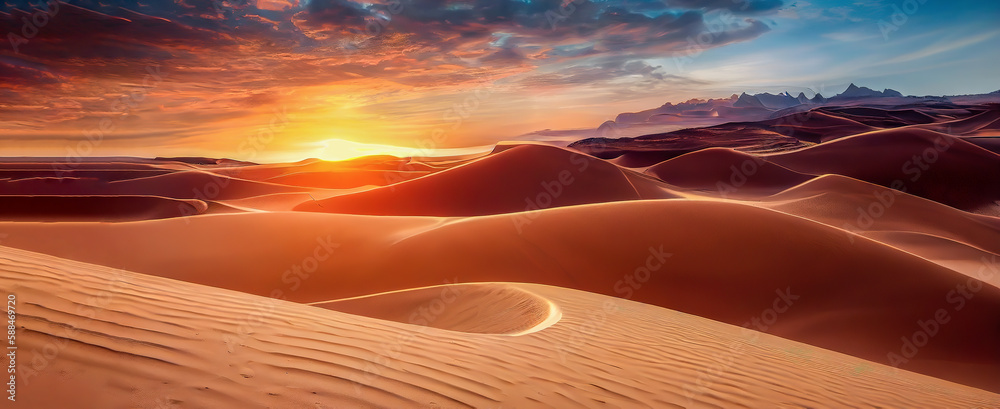 Panorama of sand dunes Sahara Desert at sunset. Endless dunes of yellow sand. Desert landscape Waves sand nature - obrazy, fototapety, plakaty 