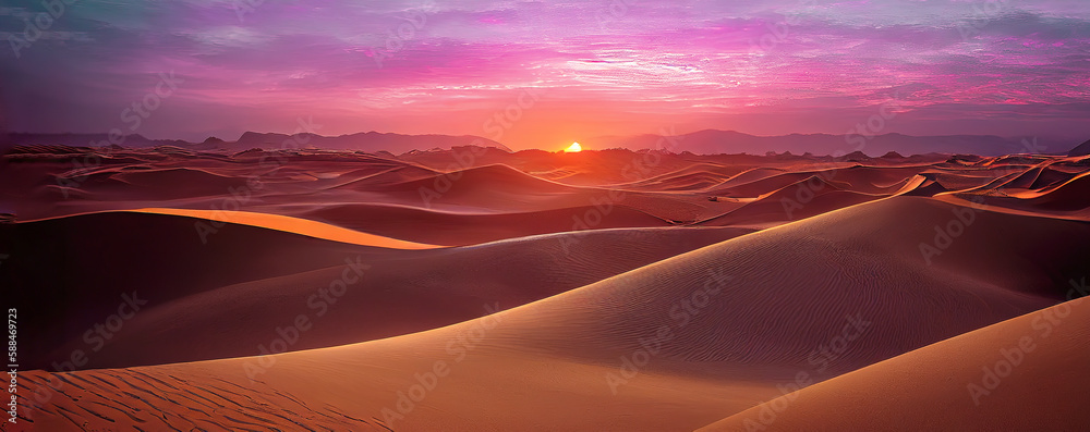 Panorama banner of sand dunes Sahara Desert at sunset. Endless dunes of yellow sand. Desert landscape Waves sand nature - obrazy, fototapety, plakaty 