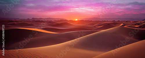 Panorama banner of Captivating Sahara Desert panorama at sunset, showcasing undulating sand dunes bathed in golden hues, perfect for travel, nature, and adventure themes   