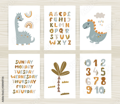 Set of posters with cute dinosaurs, numbers and alphabet dinosaurs