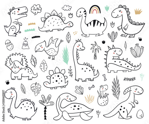 Collection of cute hand drawn dinosaurs