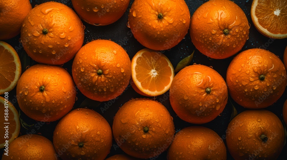 A lot of ripe oranges with water drops. Background design with fresh wet oranges. Generative AI. A lot of ripe oranges with water drops. Background design with fresh wet oranges. Generative AI.