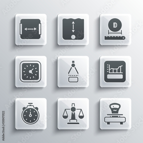 Set Scales of justice, Graph, schedule, chart, diagram, Drawing compass, Stopwatch, Clock, Area measurement and Diameter icon. Vector
