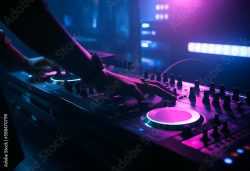 Dj playing music in nightclub on illuminated spinning deck with led lights.