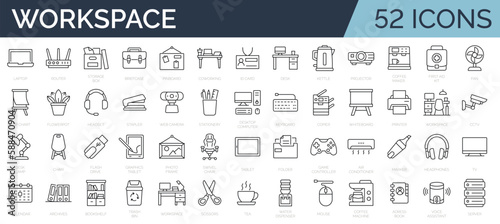 Set of 52 line icons related to Workspace and office, coworking.  Equipment and furniture. Editable stroke. Outline icon collection. Vector illustration © SkyLine