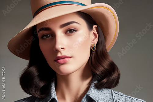 Street fashion portrait of stylish young elegant luxury woman in hat and coat or jacket in retro style © Sergiy